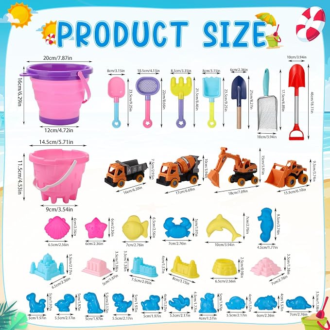 Beach Toys, 36 Pcs Sand Toys with 4 Construction Vehicles, 2 Collapsible Beach Bucket,1 Castle Buckets, Sand Castle Building Kit, Sand Molds, Shovel Set for Kids Boys Girls Age 3+
