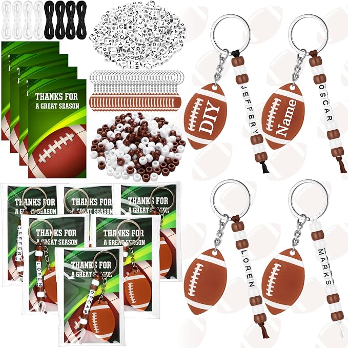 Suncalla 984 Pcs 24 Set Football Keychain Making Kit DIY Football Bag Tag Sport Key Chain Crafts Adjustable Letter Beads Cards Strings Kit Team Gift Accessories Party Favors for Adult(White Brown)
