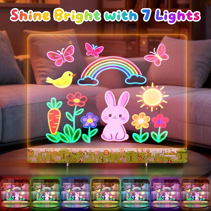 16" LumiBoard LED Drawing Board for Kids - 7 Colors & 10 Modes Rechargeable Acrylic LED Note Board with 7 Markers Cleaning Kit, Sketching & Birthday Gifts for Kids/Girls/Teens（Animals）