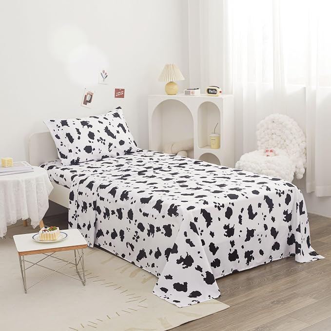 Viviland 3 Pieces Boys Girls Black White Twin Sheet Set - Soft Microfiber Fitted Flat Sheets & Pillowcase - Cute Farm Animal Cow Printed Bedding Sets - for Kids & Toddlers