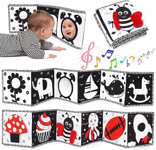 Black and White High Contrast Toys for Baby 0-3 3-6 months Infant Tummy Time Soft Book Sensory Musical Toy 0-2-4-6 month Babies Brain Development Crinkle Book Mirror Newborn Shower Gifts Boys Girls