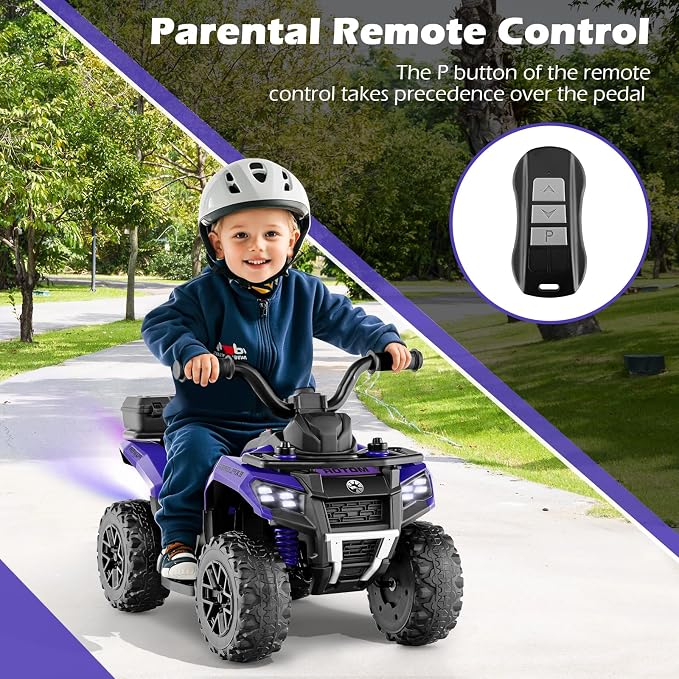 OLAKIDS Kids ATV with Spray Function, Remote Control, Storage Trunk, 6V Toddler Ride on Toy, Purple