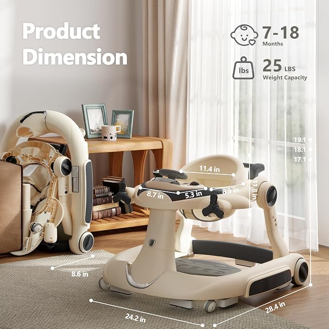 Kinder King 8-in-1 Baby Walker with Music & Lights, 3 Level Adjustable Height, Foldable Toddler Walker with Speed Adjustable Wheels, Easy to Clean, Baby Walkers for Boys & Girls 6-18 Months