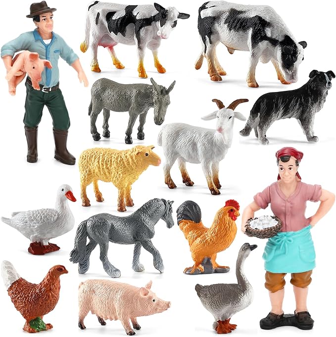ONEST 14 Pieces Mini Farmer Figurines Hand Painted Farm Animals Figures Realistic Detailed Cow Sheep Poultry Farmer Farm Animal Figurine Model