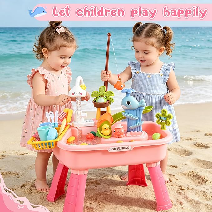 Upgraded 4-in-1 Sand Water Table for Toddlers 1-3, Kids Sensory Table with Electric Water Pump & Cloud Faucet, Play Kitchen Sink with Food Accessories, Fishing Toy ‒ Adjustable Height (Pink)