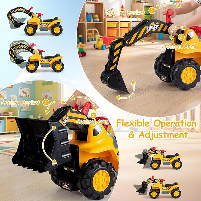 Costzon 3-in-1 Ride on Excavator Bulldozer, Kids Foot-to-Floor Push Car with Engine Sound & Under Seat Storage, Sit & Scoot Sliding Toy Construction Vehicle with Helmet & Vest for Aged 2+