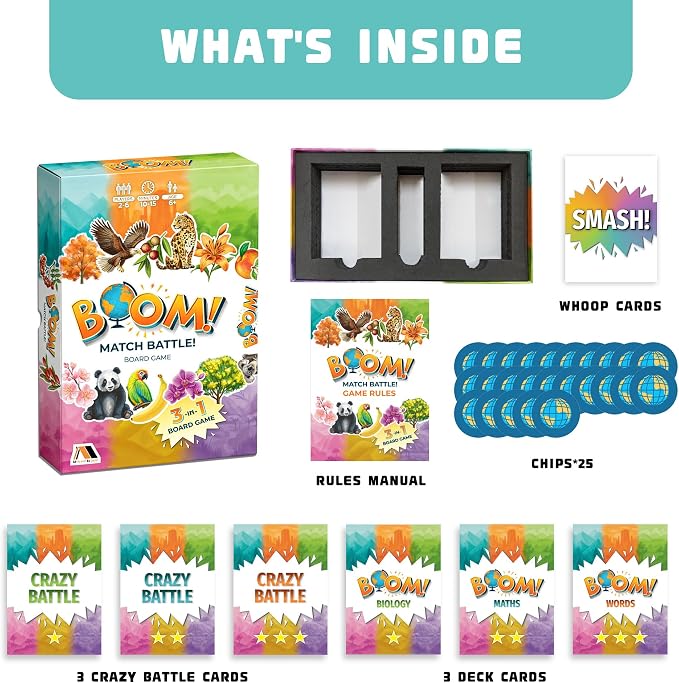 Boom Match Battle Board Game Ages 6+ 3-in-1 Board Games for Kids - Math Board Game, Classic Word Games - Family Fun for Kids & Adults - Card Games - Learning Activities - 3 in 1 Board Games for Kids