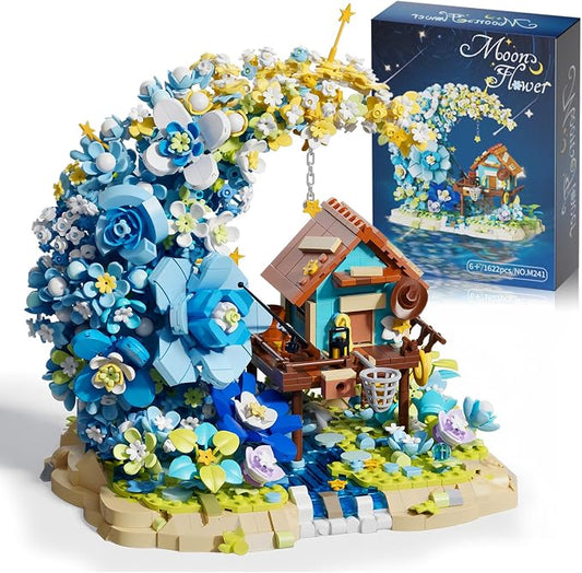 SUNHABI Moon Flower Mini Bricks Building Set, Fairy Cabin and Blue Flower Bouquet, Mini Building Blocks Botanical Collection Set, Unique Home Decor, Gift for Her and Him - 1622 Pcs Mini Bricks