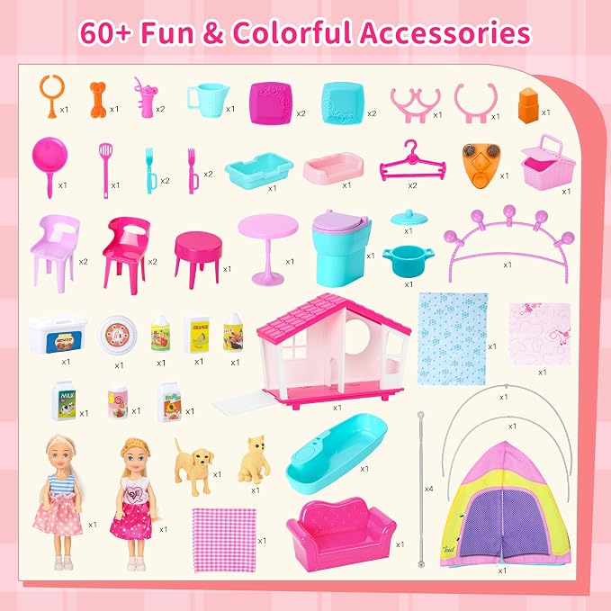 Style Shine Doll House Portable & Foldable Dollhouse w/ 60+ Pcs & 2 Dolls, Play House Toy with Bedroom Kitchen Pet House Camping Playset, Playhouse Gift for Girl Kid Toddler
