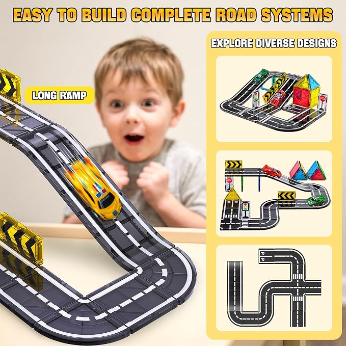 SKTMYY Magnetic Tiles Road Set with Cars & Ramp, STEM Magnetic Tiles for Kids Ages 4-8, Creative Magnet Building Blocks Expansion Pack, Montessori Toys for 4+ Years Old Boys Birthday Gifts