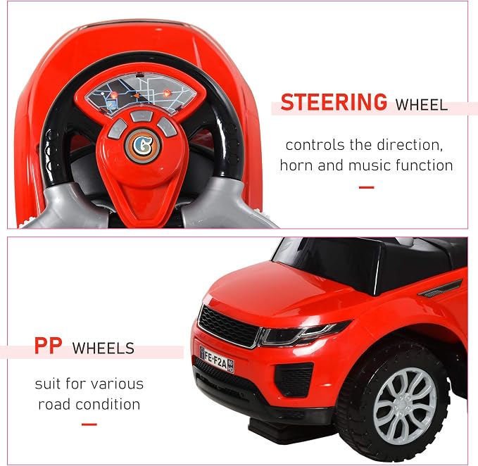 Aosom 3 in 1 Push Cars for Toddlers Kid Ride on Push Car Stroller Sliding Car with Horn Music Light Function Secure Bar Ride on Toy for Boy Girl 18-36 Months Red