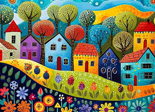 Jigsaw Puzzles for Adults 1000 Pieces, Painting Houses with Poster Interlock Perfectly Letter on Back No Dust, Home Decor Birthday Party Gift Toy for Men Women Elders Seniors (27.5"x19.6")