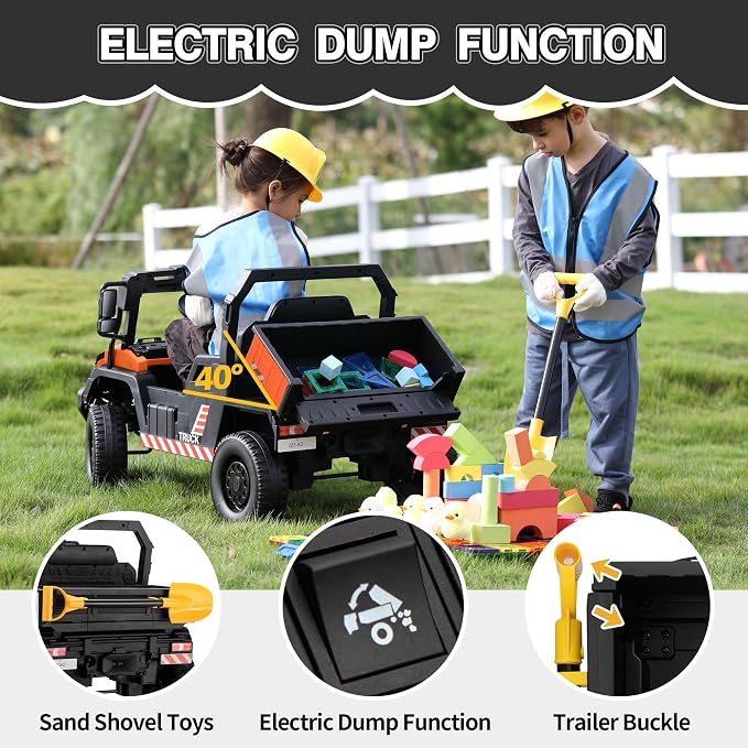 TOBBI 12V Electric Kids Car, Toddlers Ride On Dump Truck Toy with Parent Remote Control, Battery-Powered 4 Wheels Off-Road Vehicle to Drive with Auto Trailer/Horn/LED for Chirdren 3-8 Years-Orange