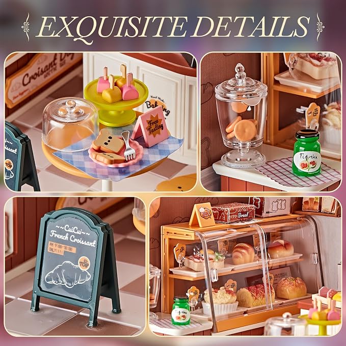 Miniature DIY House Kit Bakery Shop – 87Pcs 1:24 Scale Dollhouse Bake Shop Pastry Cafe with LED Light, Realistic Pastries & Connectable Base for Kids 8+ and Collectors