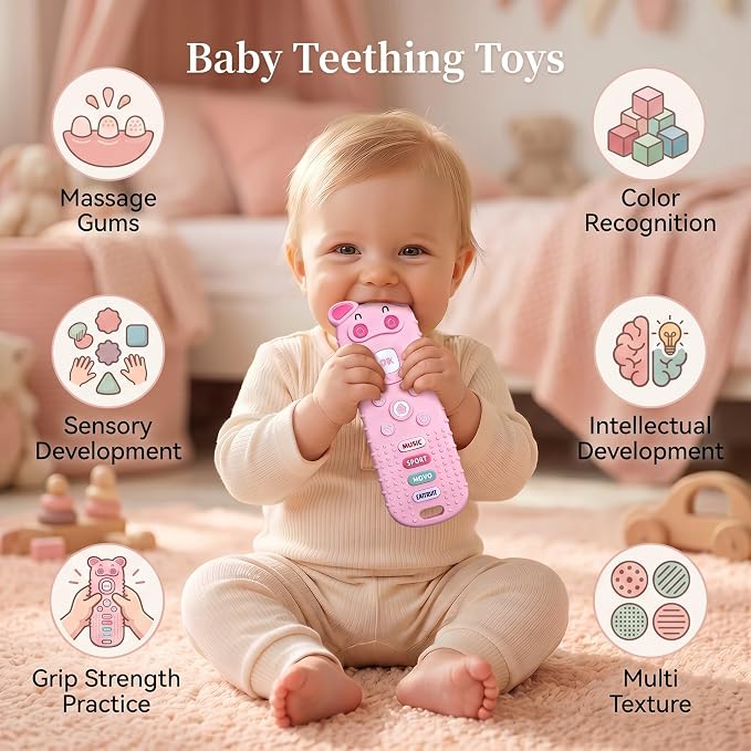 SOLIFEGOBLE 2 Pack Silicone Teething Toys, Cute Pig-Shaped Remote Control Style Teethers for Babies 6-18 18-24 Months, BPA-Free Soft Chew Toys for Teething Relief (Black+Pink)