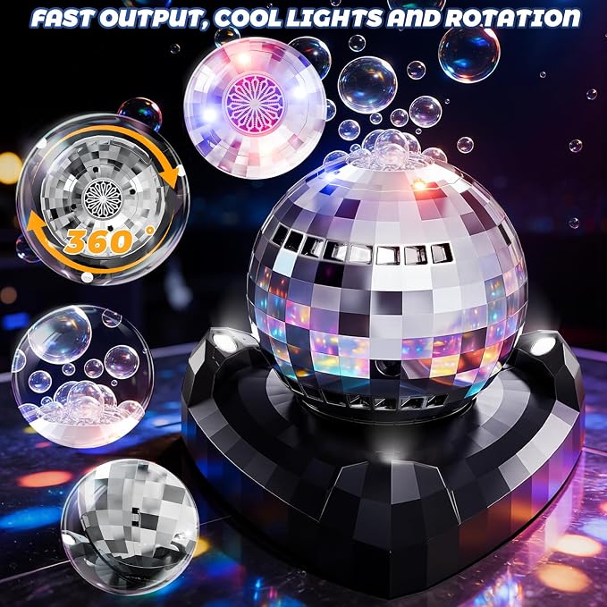 Bubble Machine, Automatic Bubble Blower Maker with 360° Rotating Turntable and LED Lights, Disco Ball Bubble Machine Summer Kids Toys for Weddings Birthdays Party Indoor Outdoor Backyard Camping