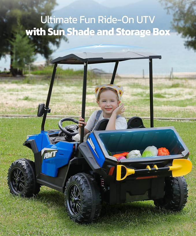 ELEMARA 24V Ride on Toy for Big Kids,Ride on Car 2 Seater w/Sun Shade,Dump Bed & Shovel,4.5MPH,4WD Electric Car for Kids,Battery Car w/Remote,Kids Ride on Truck,3 Speeds,LED Lights,Bluetooth, Royal