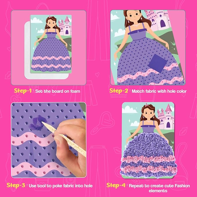 jackinthebox Poke Poke Art for Kids - Fashion Theme, Flower Pressing Kits, Mess-Free Fabric Art and Craft for Girls Ages 4 5 6 7 8