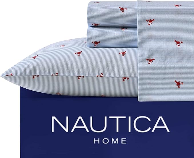 Nautica – Twin XL Size Sheet Set, Crisp Cotton Percale Bedding with Matching Pillowcase, Lightweight & Breathable Bed Sheets, Deep Pocket, College Dorm Room Essentials (Lobster Walk Blue)