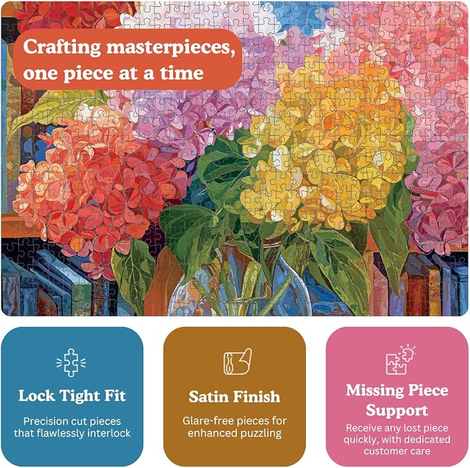 Cross & Glory – The Color of Calm – 1000 Piece Jigsaw Puzzle for Adults | Elegant Hydrangea Still Life Art Puzzle | Premium Quality 1000 Piece Puzzle for Adults