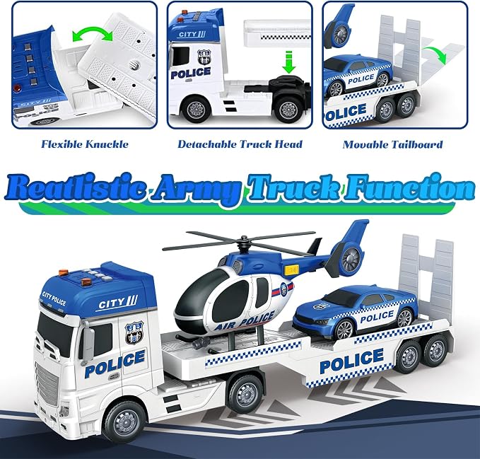 3-in-1 Police Truck Toys for Kids Ages 3-6 – 25.6 Inch Extra-Large Inertia Semi Trailer with Lights & Sounds, Detachable Light & Sound Helicopter and Police Car