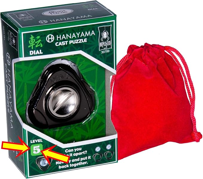 DIAL Hanayama Cast Metal Brain Teaser Puzzle New 2017 Release Level 5 Difficulty Rating Bonus Red Velveteen Drawstring Pouch Bundled Items