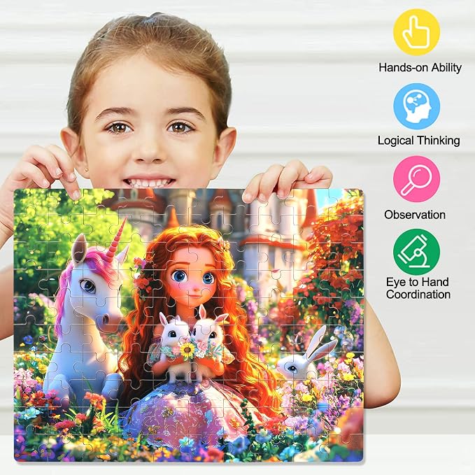LELEMON Princess Puzzles for Kids Ages 4-8,100 Pieces Unicorn Rabbits Jigsaw Puzzles in a Metal Box,Cute Princess Learning Educational Puzzles for Boys Girls
