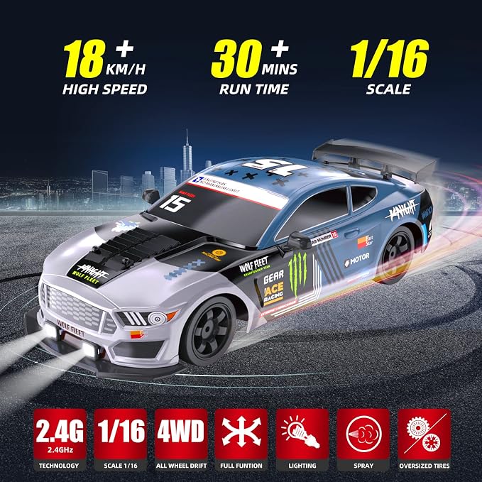 RC Drift Car, Drifting RC Car 2.4GHz 1:16 Remote Control Cars 4WD High Speed Racing Vehicle with LED Lights Two Batteries and Drifting Tires Racing Sport Toy Cars for Adults Boys Girls Kids
