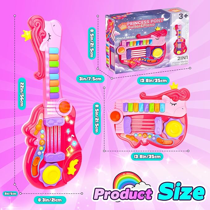 Kids Guitar Toy for 3 Year Old Girl Gift 2-in-1 Electric Guitars with Piano Mode for Toddlers Light Up Music Toys for 3 4 5 Year Old Girls Boys Gifts