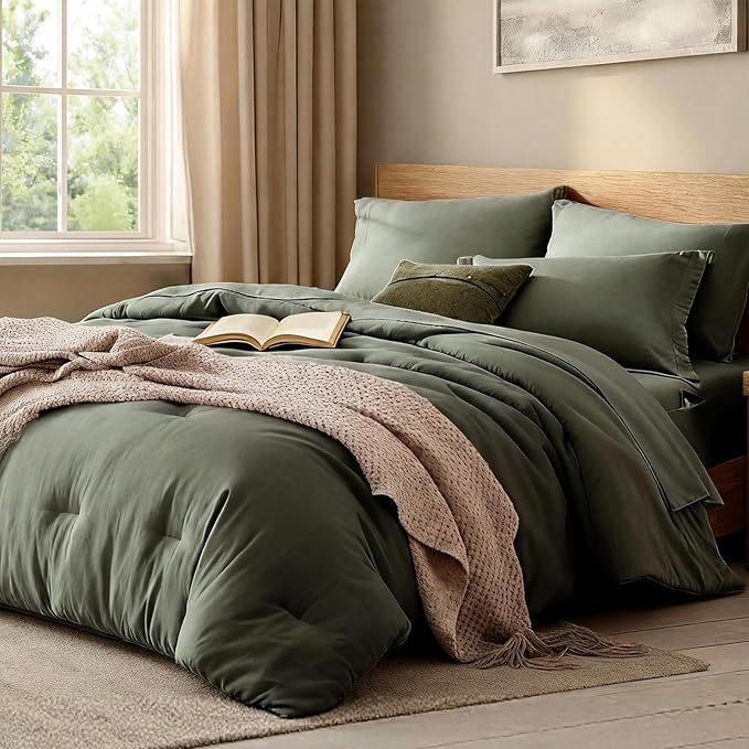 WRENSONGE Twin XL Comforter Set- 5 Pieces Olive Green Twin XL Bedding Sets with 1 Fitted Sheet, 1 Flat Sheet, 1 Pillow Sham and 1 Pillowcase