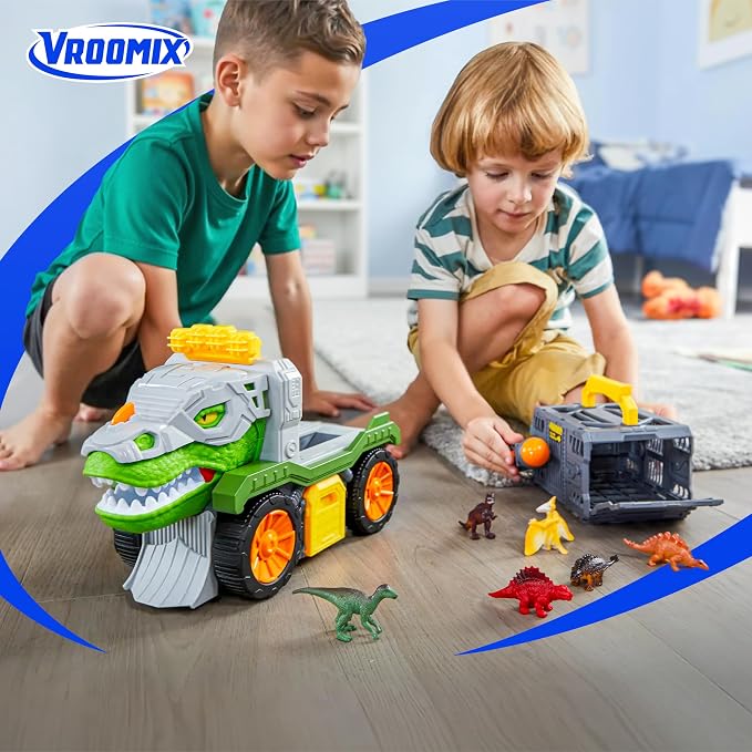 Vroomix JOVA Dinosaur Toys for Kids 3-5, Dinosaur Carrier Truck with 2 Pcs Cars and 6 Pcs Figures for Toddlers, T.Rex Truck with Launcher and Darts, Birthday Gifts Toys for 3 4 5+ Year Old Boy