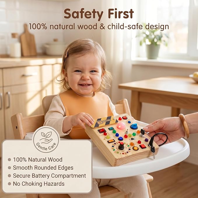 RichBoy Busy Board Montessori Sensory Toy, 37-in-1 Switch Board with 24 LED Lights, Birthday Gift for 1 2 3 Year Old Boys Girls, Safety for Toddlers Home Travel Essentials (6.7" X 5.3")