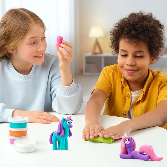 HEY CLAY Modelling Air-Dry Clay with Fun Interactive App - Modeling Clay and Crafts Set for Kids Ages 3 to 8 - Series Rainbow Unicorns, 3 cans (Brighty)
