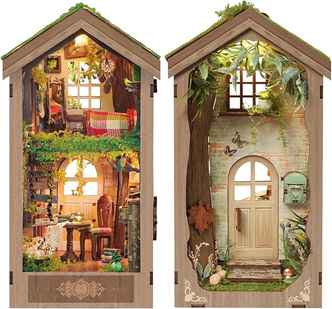 DIY Book Nook Kits for Adults,3D Miniature House Dollhouse with LED,The Secret Treehouse Wooden Bookshelf Insert Booknook,Gifts for Family Friends