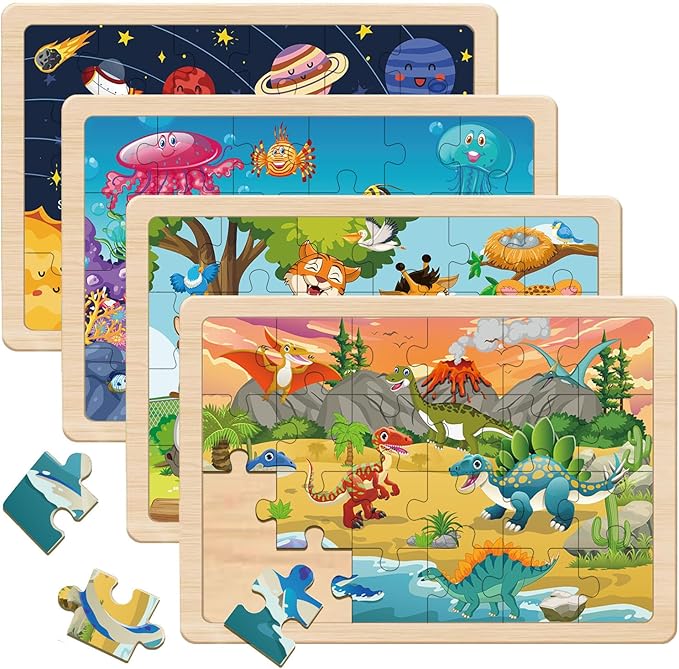 Puzzles for Kids Ages 4-6, 4 Packs 24 Piece Wooden Jigsaw Puzzles for Toddlers 3-5 Preschool Educational Puzzles Boards Toys Gifts for 3 4 5 6 Boys Girls