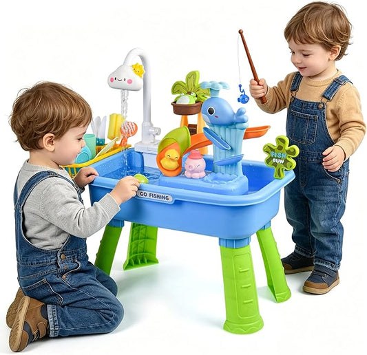 Upgraded 4-in-1 Sand Water Table for Toddlers 1-3, Kids Sensory Table with Electric Water Pump & Cloud Faucet, Play Kitchen Sink with Food Accessories, Fishing Toy ‒ Adjustable Height (Blue)