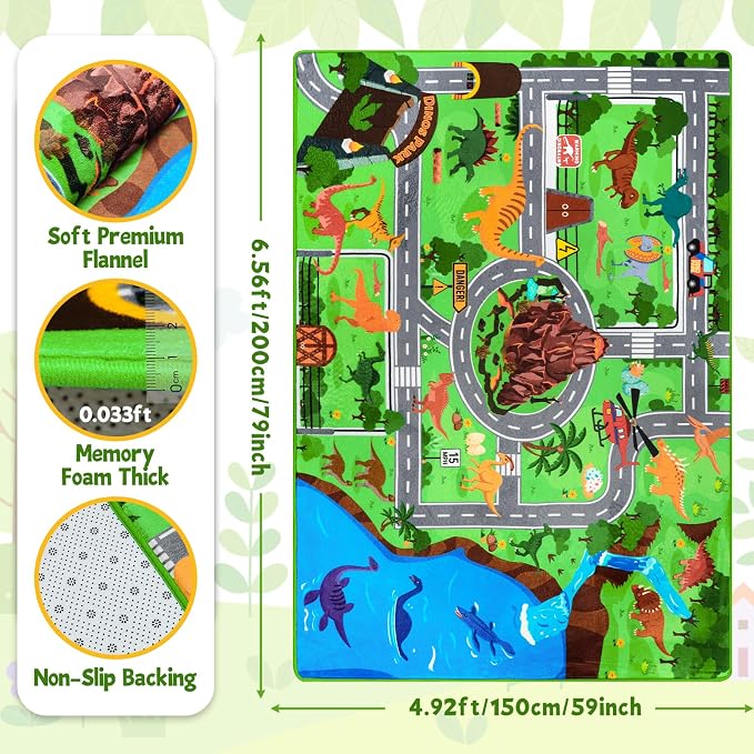 Kids Dinosaur Rug, 4'11" x 6'7" Kids Mat for Playroom– Extra Thick 0.4in Non-Slip Dino Safari Rug Road Play Mat for Classroom and Bedroom, Ideal for Educational Learning Play Areas（for Age 2+