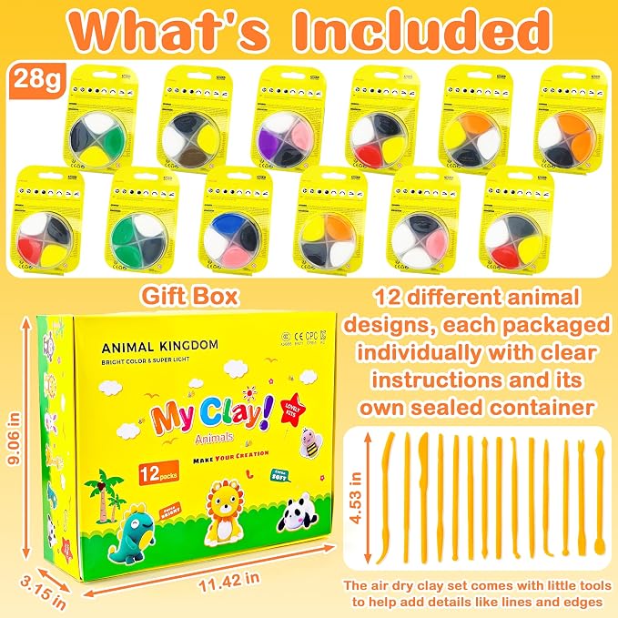 LanMa Air Dry Clay Kit for Kids, 12 Pack Animal Air-Dry Art Kits with Ultra Light & Soft Modeling Clay, Instructions, Sculpting Tools, Christmas Birthday Gifts for Boys Girls