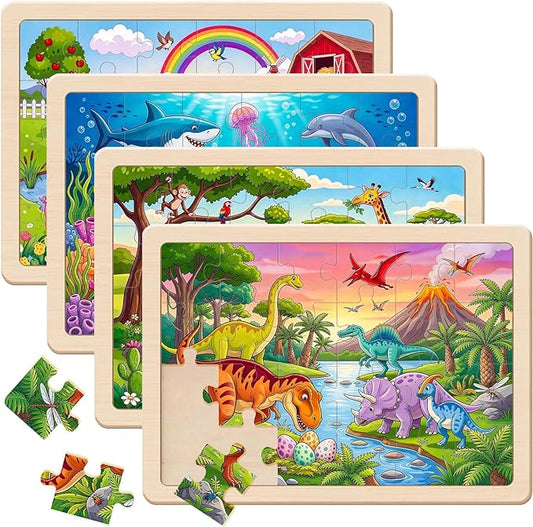 Puzzles for Kids Ages 4-6, 4 Packs 24 Pcs Animals Wooden Jigsaw Puzzles for Kids Ages 3-5, Preschool Educational Toys Gifts for Boys and Girls