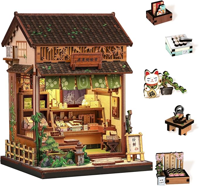 Book Nook Kit - DIY Miniature Japanese Wagashi Shop, 3D Wooden Puzzle Dollhouse with LED Lights, Tiny Bookend & Creative Bookshelf Decor, Craft Gift for Adults, Teens & Book Lovers
