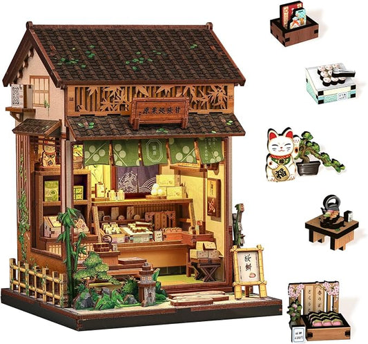 Book Nook Kit - DIY Miniature Japanese Wagashi Shop, 3D Wooden Puzzle Dollhouse with LED Lights, Tiny Bookend & Creative Bookshelf Decor, Craft Gift for Adults, Teens & Book Lovers