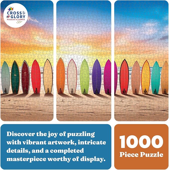 Cross & Glory - Sunrise Surf - 1000 Piece Jigsaw Puzzle for Adults | Vibrant Beach Scene Artwork | Unique Gift Idea
