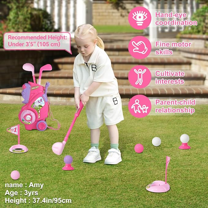 Toddler Golf Set for Girls Boys 2 3 4 Years Old, Upgraded Kids Golf Cart with 3 Clubs & 8 Balls, Outdoor Indoor Sports Toys Birthday Gift, Pink