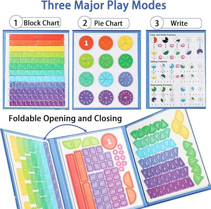 Magnetic Fraction Playbook & Fraction Manipulatives Set, Montessori Magnetic Fraction Book for Kids Grades K-3, Math Manipulatives with Fraction Tiles and Circles, Educational Fraction Games & Puzzle
