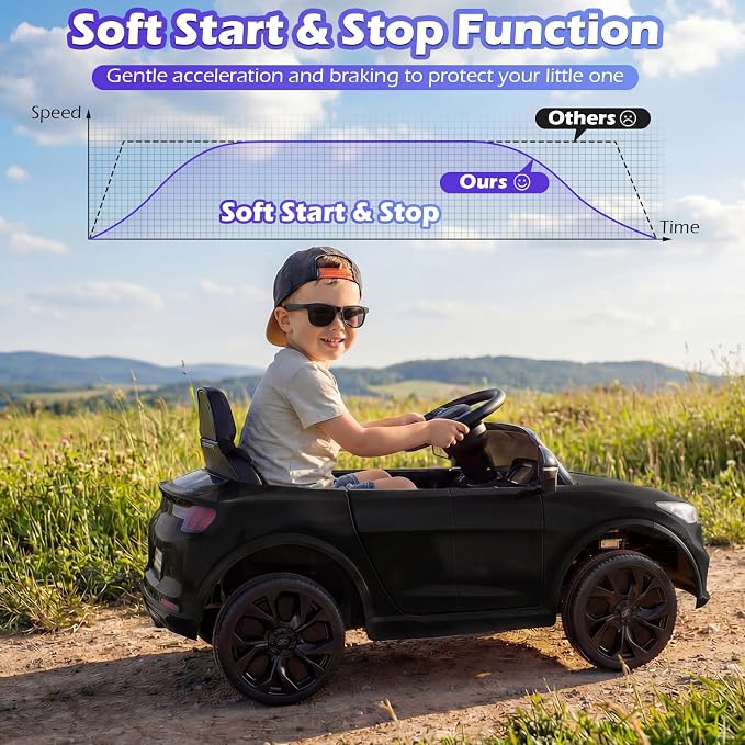 Costzon Ride on Car, 12V Licensed Ford Mach E Kids Electric Vehicle with Parent Remote, LED Lights, Horn, Music, Wireless Connection & Spring Suspension, Kids Car Toy for Girls Boys (Deep Black)