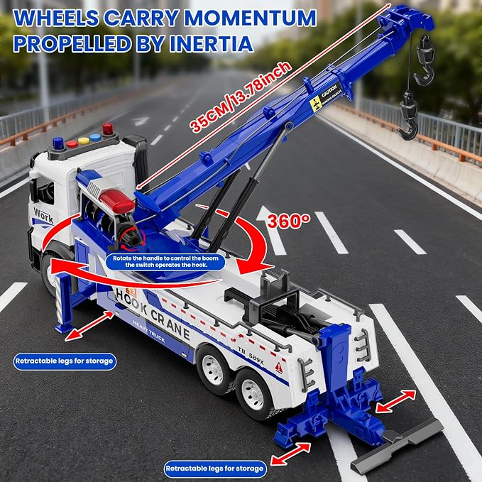 Crane Tow Truck Toy for Car Truck Rescue Police Pickup Road Clearance Vehicle Construction Vehicles Lights Sounds Christmas Birthday Easter Gift for Kids Boys 3 4 5 6 7 8 Years Old Double Hook