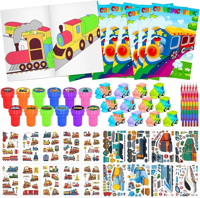 Cinrobiye 72 Pcs Train Party Favors,Train Print Party Supplies Include Coloring Books Stickers Stamps DIY Art Crafts Goody Bags Fillers for Train Car Railway Transportation Birthday Party