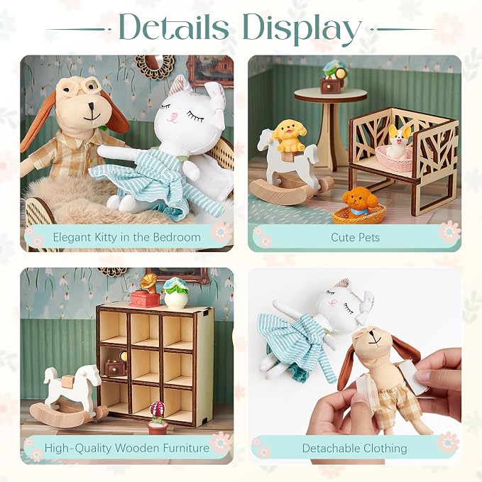 TUZT Portable Dollhouse Suitcase for Ages 3-8, Foldable Bedroom Playset with 21 Wooden Furniture, Cute Animal Dolls & Accessories, Travel-Friendly Pretend Play Toy