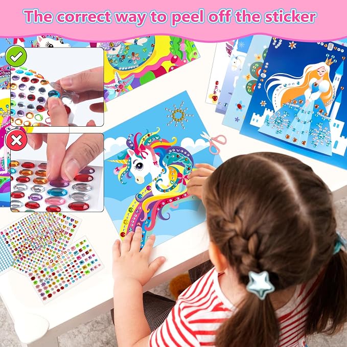 Marlrin Unicorn & Princess Diamond Art Kit for Kids Ages 3-8,Easy Arts and Crafts with 1000+ Gem Stickers,Gem Art Christmas Birthday Easter Gift for Girls 4-7