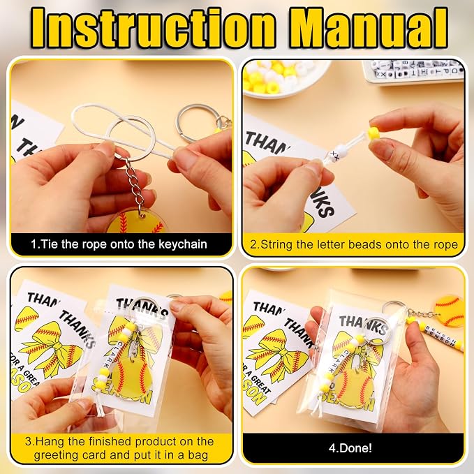 Suncalla 984 Pcs 24 Set Softball Keychain Making Kit DIY Ball Bag Tag Softball Party Favors Accessories Sport Key Chain Crafts Adjustable Name Beads Cards Strings Kit Senior Team Night Graduation Gift